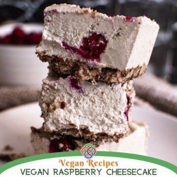 Stacked slices of raspberry cheesecake with text banner