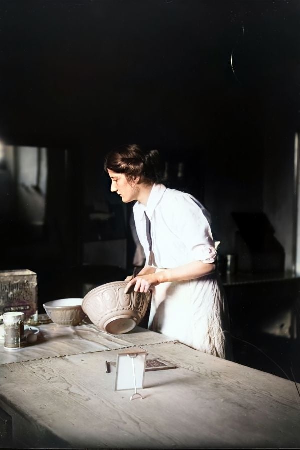 A Woman Baking Vintage Irish Image in Color | Irish American Mom A woman baking using vintage ceramic bowls