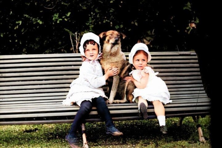 Besties Edith and Ethel Dillon Vintage Image in Color | Irish American Mom Two girls with a dog sitting on a bench