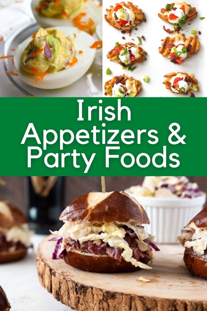 Deviled eggs, waffle appetizers and slider sandwiches on a graphic with a central text banner