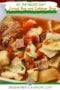 Close-up of a bowl of leftover corned beef and cabbage soup with chunks of corned beef, cabbage, potatoes, and carrots in a savory broth, with St. Patrick’s Day themed text above the image.