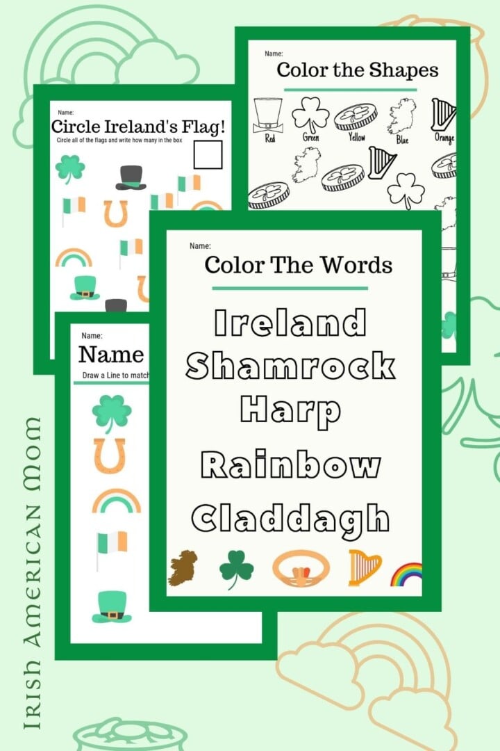 Irish Symbols Worksheets for Preschoolers Pinterest graphic | Irish American Mom Graphic featuring school work sheets with Irish words and symbols