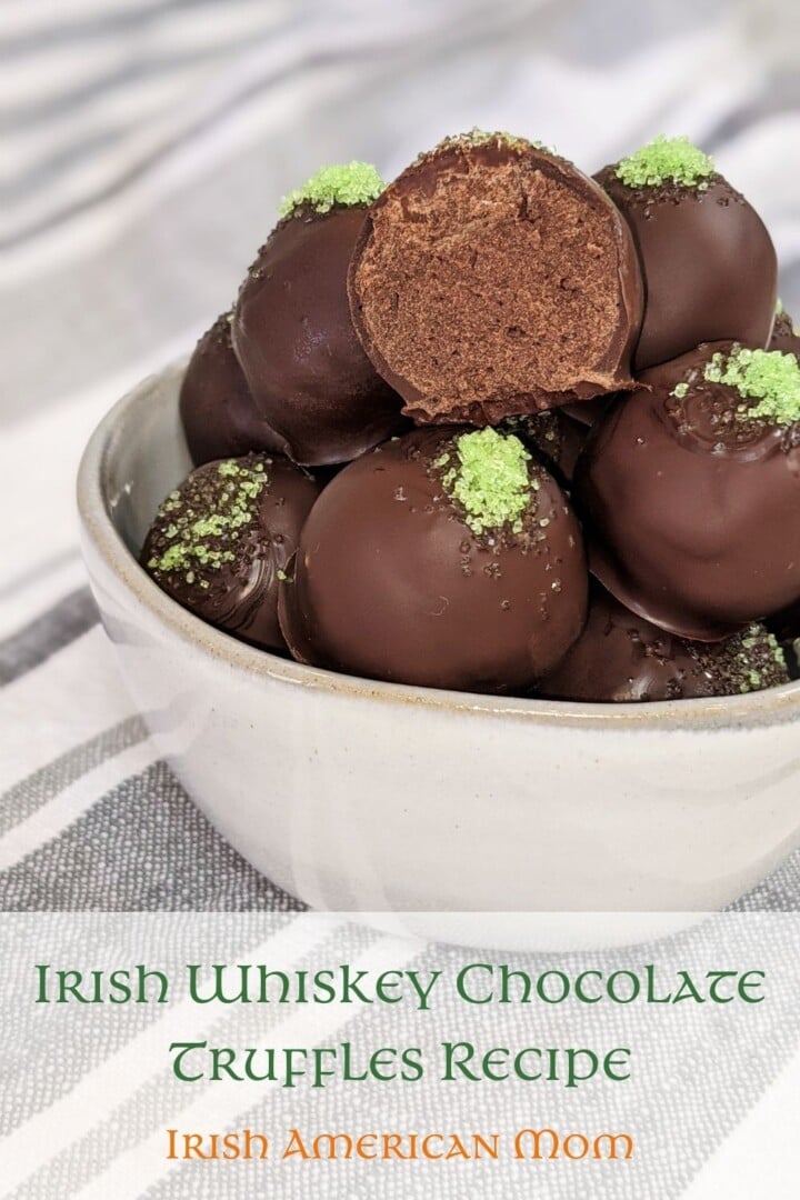 Irish whiskey chocolate truffles recipe showing the inside of a truffle in a bowl Pinterest Size | Irish American Mom Irish chocolate truffles with green sprinkles in a bowl