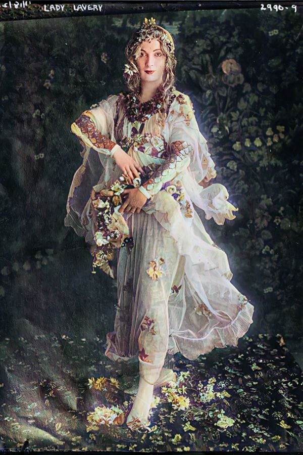 Lady Lavery Vintage Irish Image in Color | Irish American Mom A woman in a sheer dress holding flowers