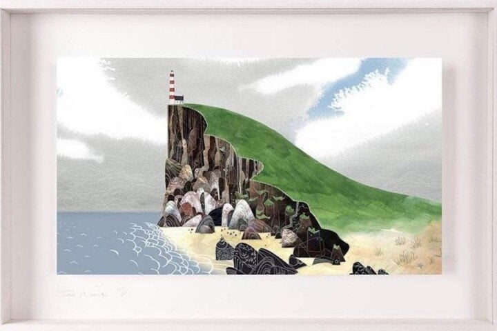A lighthouse on a cliff featured in a framed art print