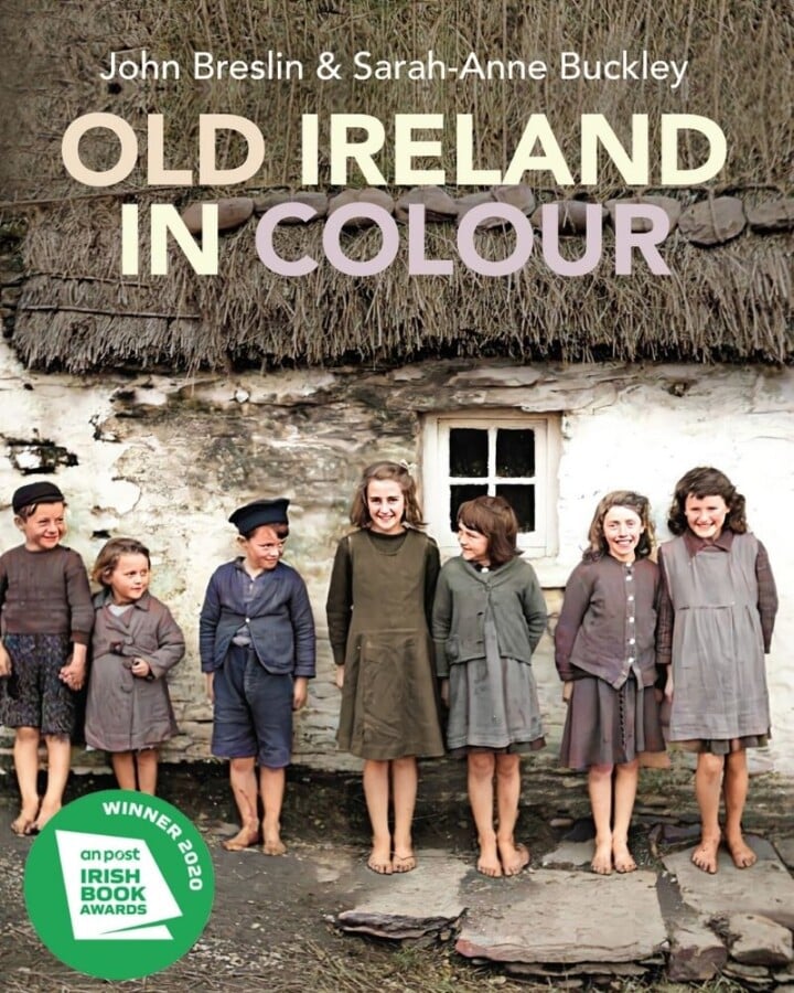 Old Ireland in Colour Irish Book Cover | Irish American Mom Book Cover with children standing outside a thatched cottage with text overlay