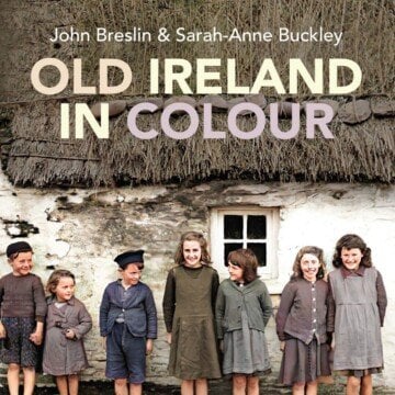 Vintage image of children beside a cottage with text overlay