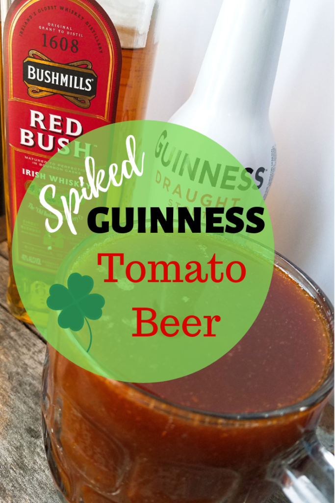 Spiked Tomago Irish Beer | Irish American Mom Tomato drink in a glass with a green circular text banner
