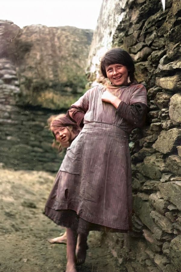 Two Girls on the Blasket Islands Vintage Irish Image in Color | Irish American Mom Two girls beside a stone wall