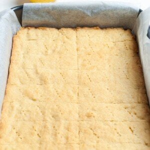 Shortbread marked in rectangles in a baking pan