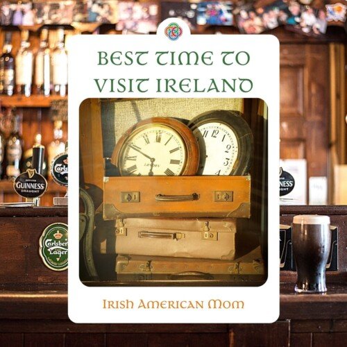 Irish pub shelves with a superimposed image of clocks in suitcases and text overlay