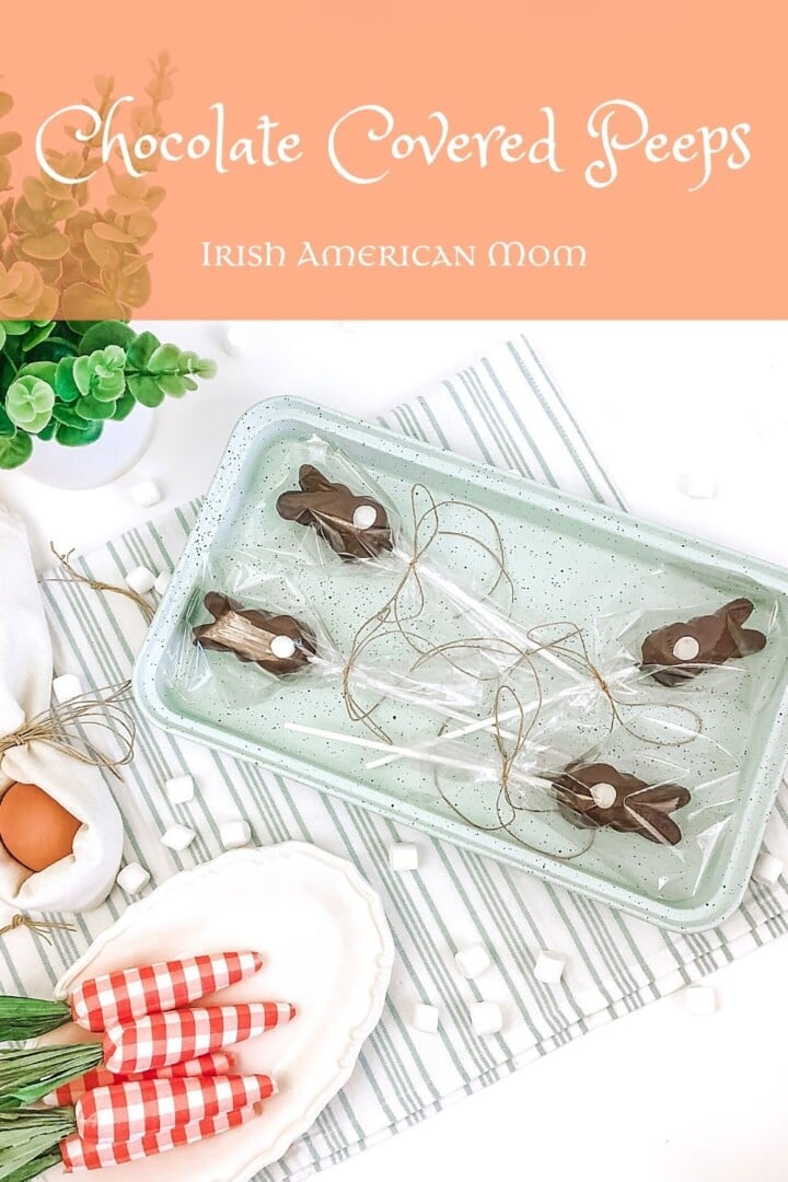 Decorative checkered carrots beside chocolate covered bunnies on sticks