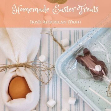 Chocolate covered bunny beside a wrapped egg with a text banner