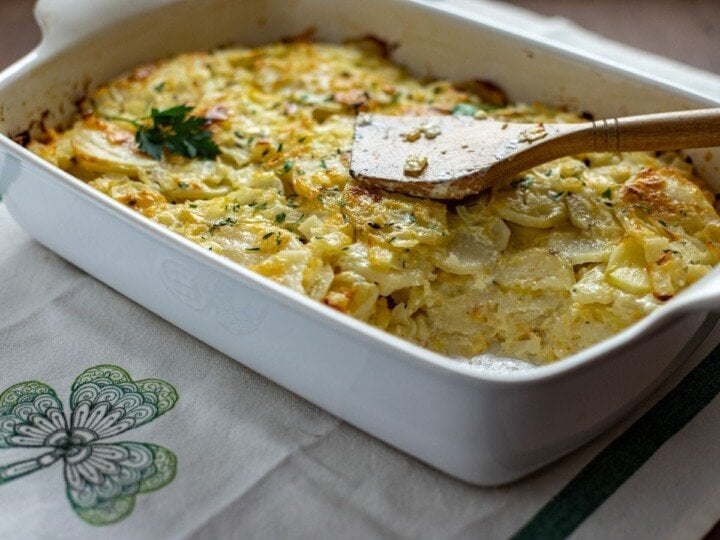 Irish cheddar scalloped potatoes in a casserole dish | Irish American Mom A casserole of cheesy scalloped potatoes on a shamrock dish towel