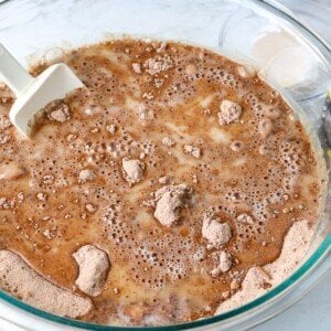 Wet and dry ingredients in a bowl for chocolate cake