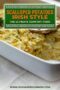 Single-image Celtic-styled poster of cheesy scalloped potatoes Irish style, featuring a green text banner with Celtic knotwork border.