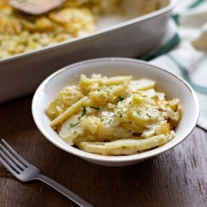 Scalloped potato casserole served in a bowl