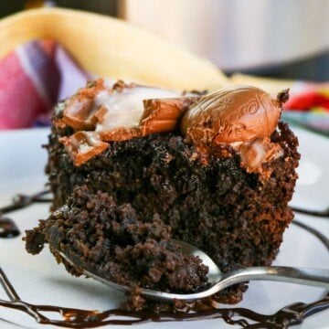 Chocolate cake with creme eggs on top