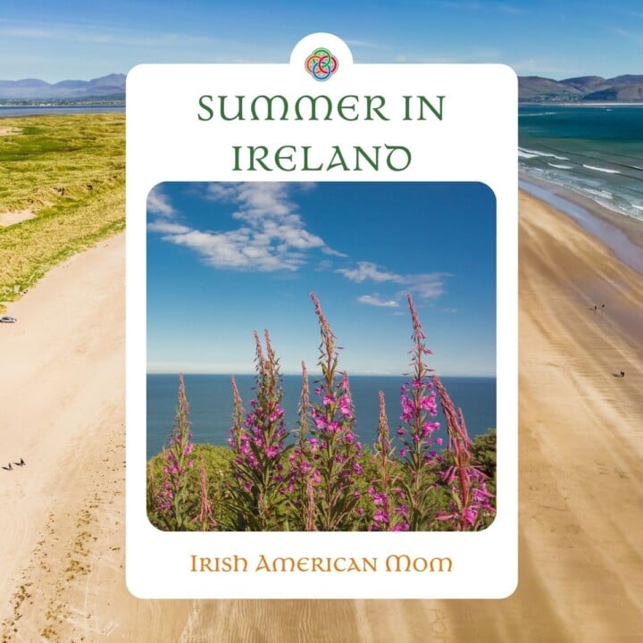 Summer in Ireland | Irish American Mom Beach framing a text banner with foxgloves and text