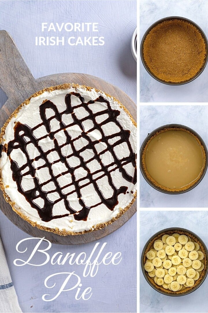 Bannoffee pie tutorial graphic | Irish American Mom banoffee pie collage showing the layers in the cake and with text overlay