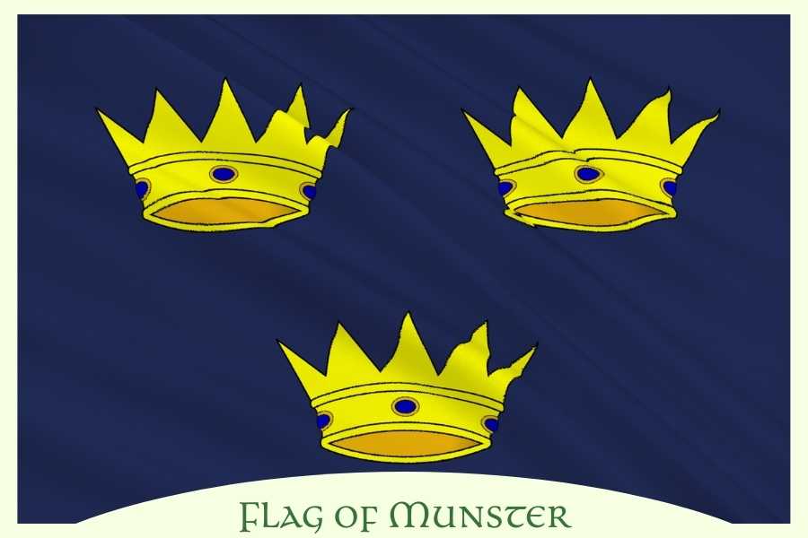Flag for the province of Munster in Ireland with text | Irish American Mom Three golden crowns with text overlay