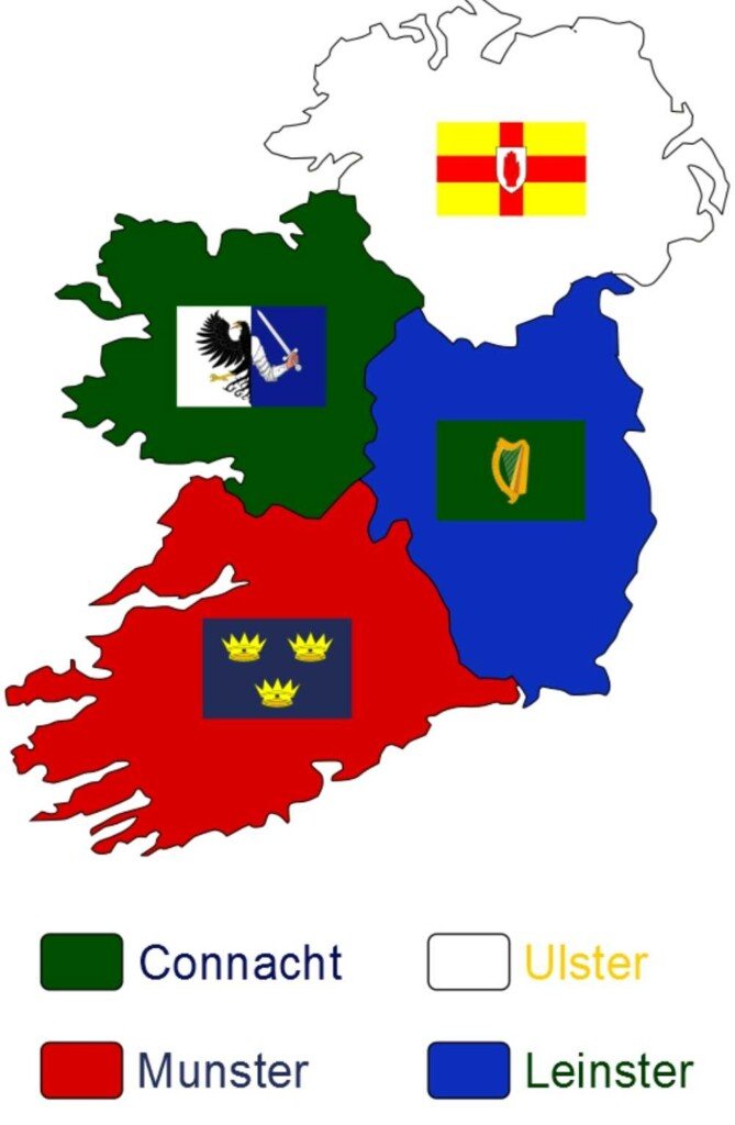 Map of Ireland featuring the provinces for Irish rugby | Irish American Mom Map of Ireland with provincial divides and symbols