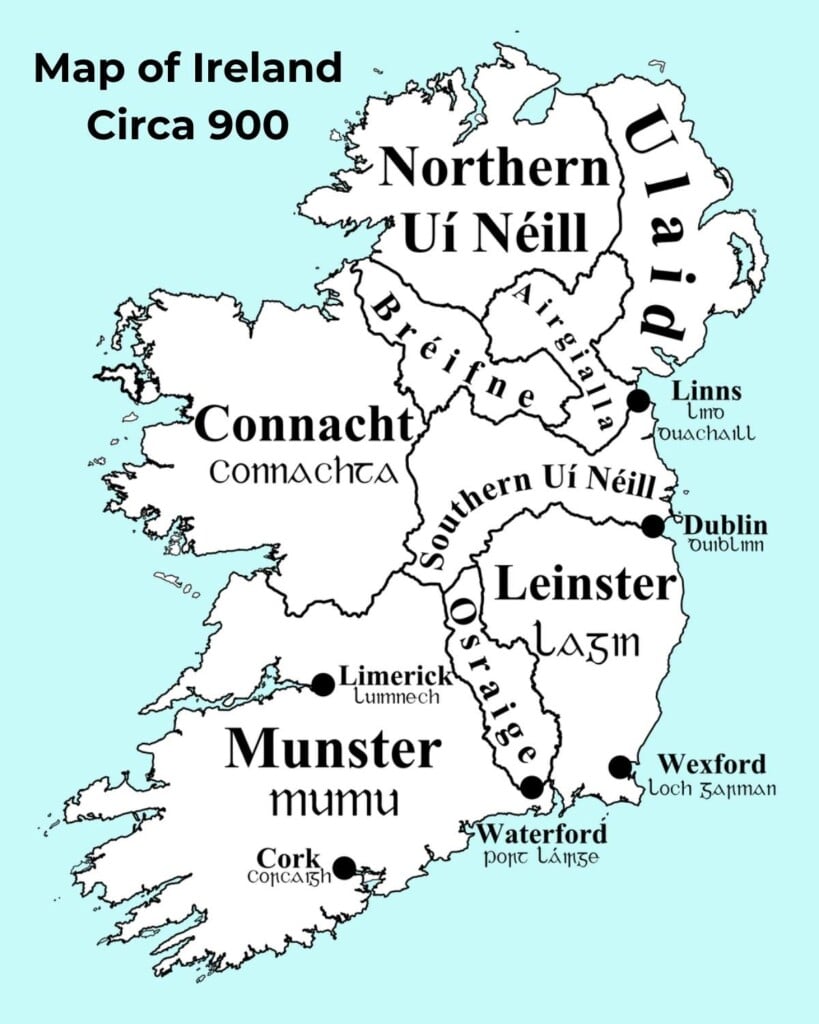 Map of Ireland from circa 900 AD | Irish American Mom Map of Ireland with linear divisions and text overlay