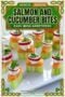 Bite-sized appetizers made with cucumber slices topped with smoked salmon, cream cheese, and radish, secured with small skewers on a white platter with upper text banner and Celtic borders.