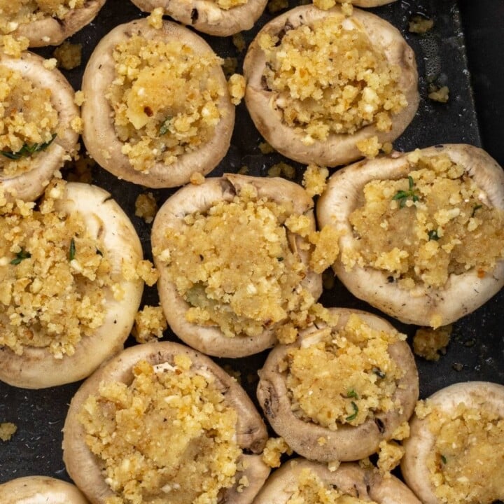 Stuffed mushrooms prepared in a pan | Irish American Mom Mushrooms with breadcrumb stuffing