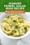 White bowl of sliced fennel salad with parsley, shown under a green header reading 'Summer Fennel Salad Irish Recipe'.