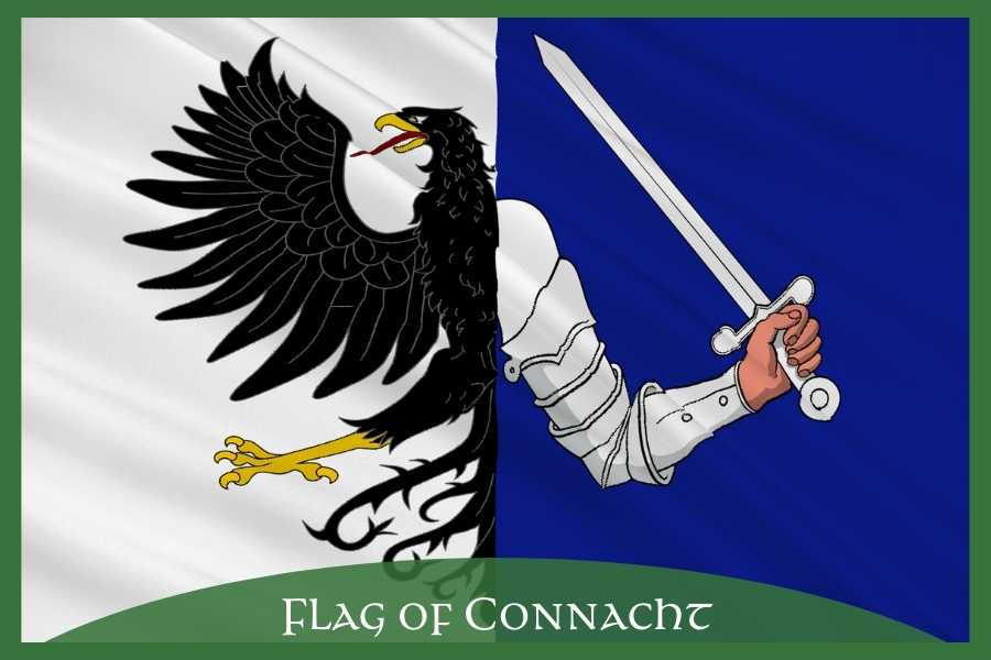 The flag for the province of Connacht in Ireland with test | Irish American Mom Two sided flag with half an eagle, an arm holding a sword plus text overlay