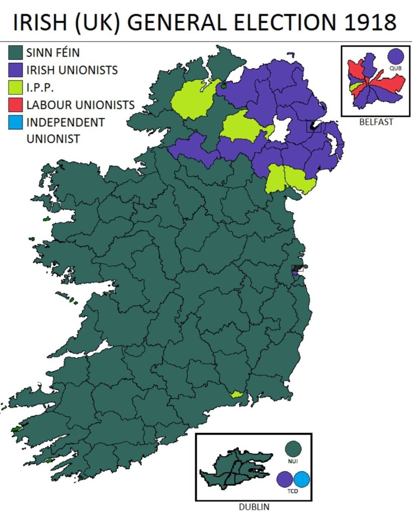 United Kingdom General Election Results for Ireland in 1918 | Irish American Mom Map of Ireland with text overlay and color coding
