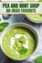 Single-image Celtic-styled poster and featuring a bright bowl of Irish pea and mint soup with an upper text banner with green typography on a cream background.