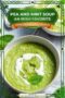 A bowl of creamy green pea and mint soup garnished with a swirl of cream and a fresh mint leaf, set on a light surface with a decorative Irish-themed border.