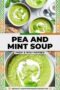 Three bowls of creamy green pea and mint soup topped with a swirl of cream and fresh mint leaves, styled on a light surface with bread and spoons, framed by an Irish-themed decorative border.