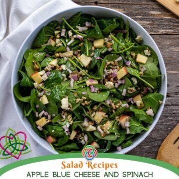 Bowl of fresh spinach salad with diced apples, blue cheese crumbles, red onion, and seeds, lightly dressed and served in a white bowl.