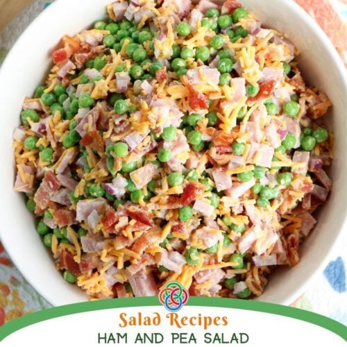 Ham and pea salad in a white bowl with diced ham, green peas, shredded cheddar, and red onion with text banner.