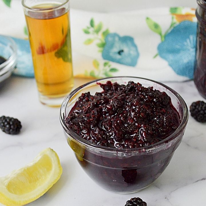 Blackberry and whiskey or bourbon jam in a bowl | Irish American Mom Blackberry jam in a bowl