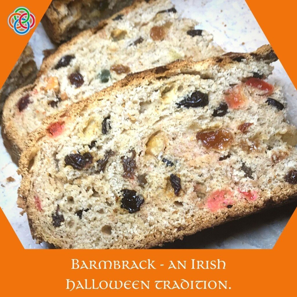 Barmbrack - an Irish Halloween tradition is a fruity bread | Irish American Mom Slices of fruit bread with a text banner