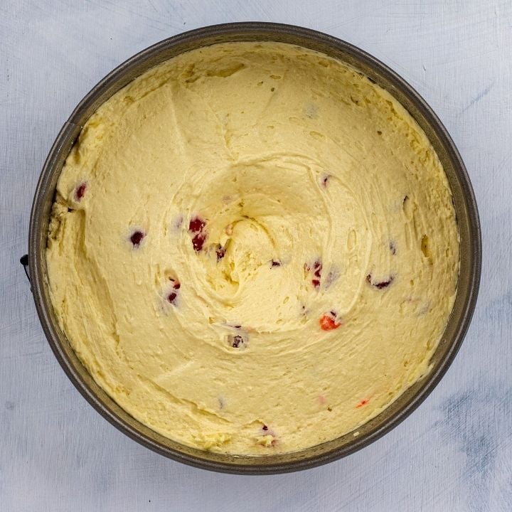 Batter in cake pan for Irish Cherry tea cake | Irish American Mom Cake batter in a baking tin as seen from above