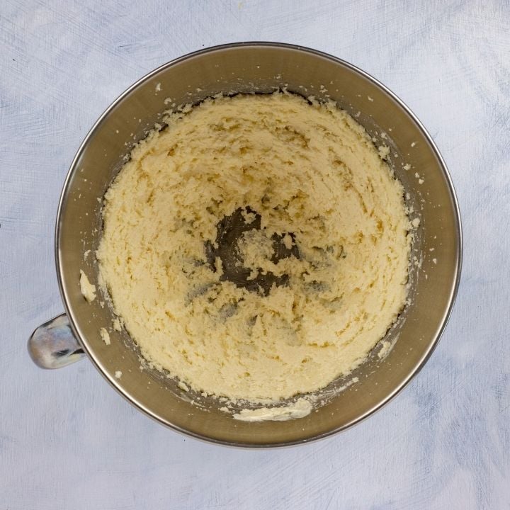 Butter and sugar creamed together for Irish Cherry tea cake | Irish American Mom Creamed butter and sugar in a mixing bowl