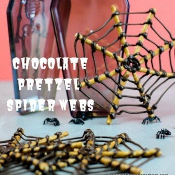 Pretzel and chocolate spider webs with text overlay
