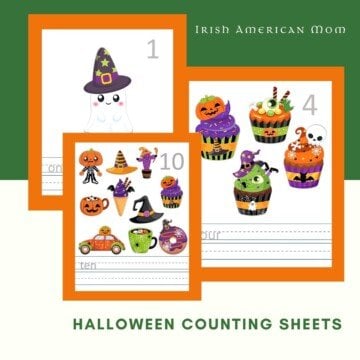 Counting worksheets with a Halloween theme on a graphic with text overlay