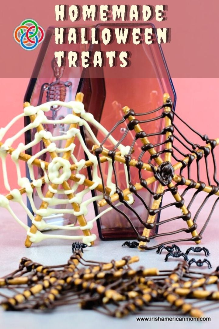 Homemade Halloween Treats Pretzel Stick Chocolate Spider Webs | Irish American Mom Halloween edible spider webs beside a toy coffin with text overlay