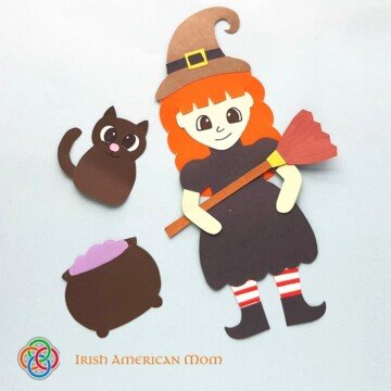Paper witch, cauldron and cat craft with text