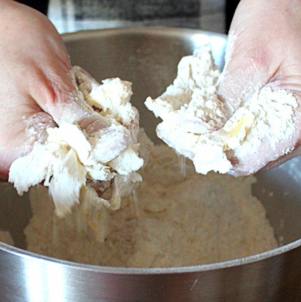 Rubbing butter into flour in a bowl