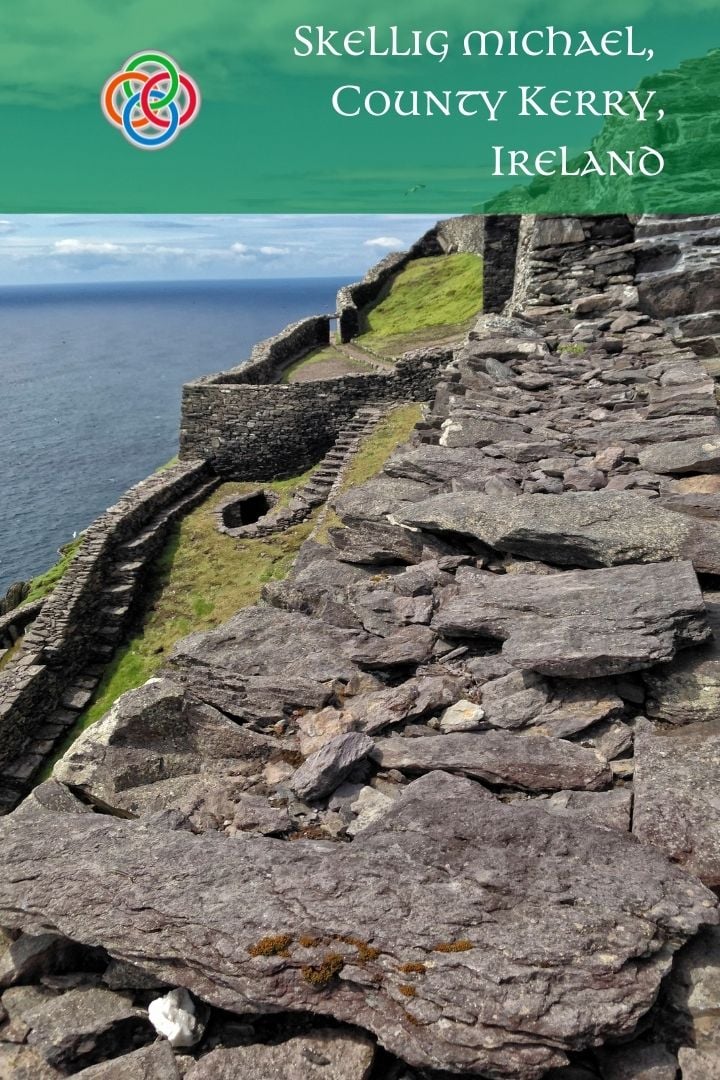 Skellig Michael County Kerry Ireland | Irish American Mom Ston walls beside a cliff with a text banner