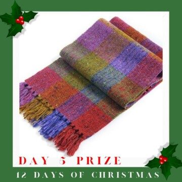 Colorful plaid scarf with text overlay
