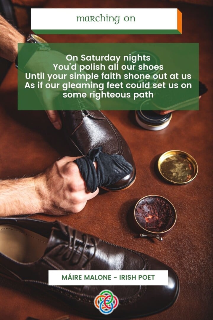 Hands polishing shoes with text overlay boxes