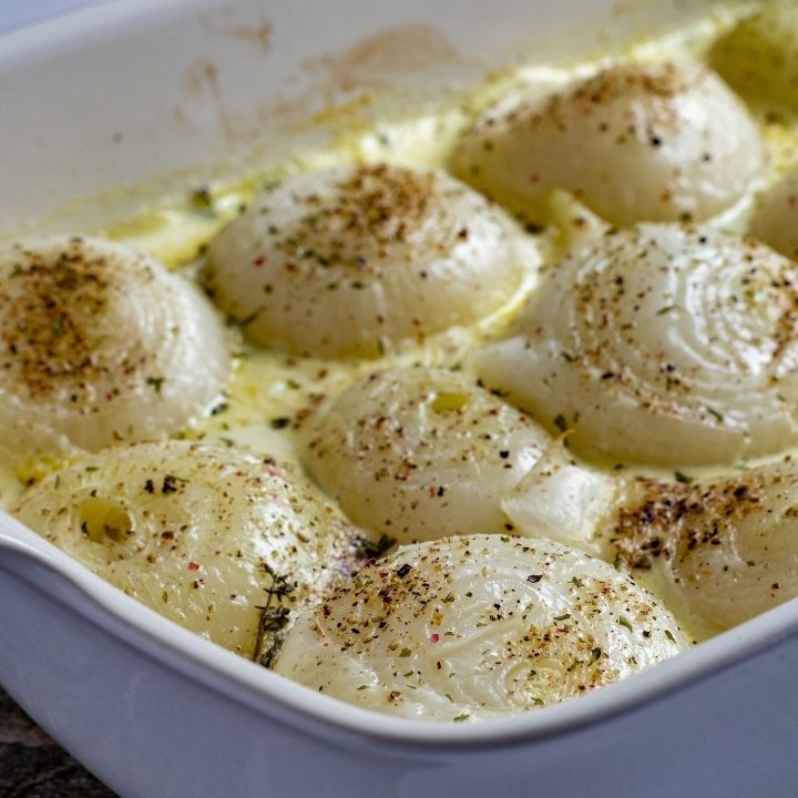 Onions baked in cream in the oven | Irish American Mom Onions baked in cream in a casserole dish